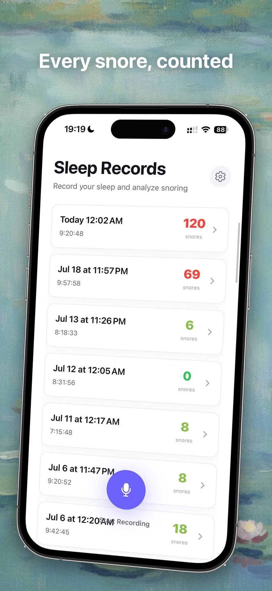 ぐうたん の睡眠記録リスト。各晩に検出されたいびき回数 — 120、69、6、0 — が表示されている。